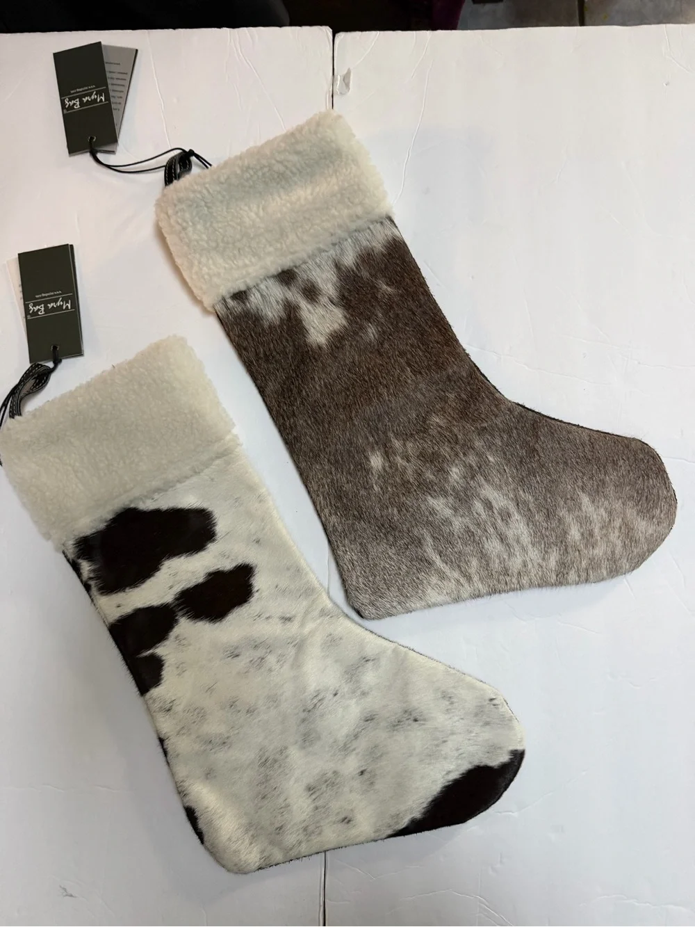 Pair Cowhide Fur Christmas Stockings - Neutral Brown & White